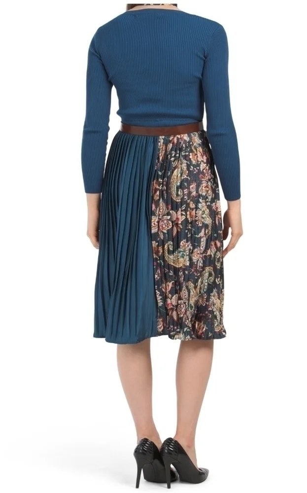 𝅺Dalia Macphee Jewel Neck Sweater Dress with Paisley Pleated Skirt